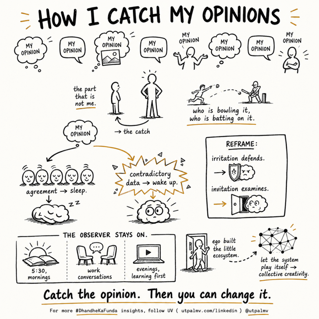 Sketchnote showing how an observer catches an opinion by examining contradictory evidence instead of defending it.