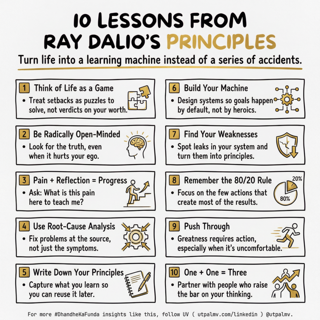 Ten lessons from Ray Dalio's Principles arranged as practical rules for learning, reflection, systems, and action.