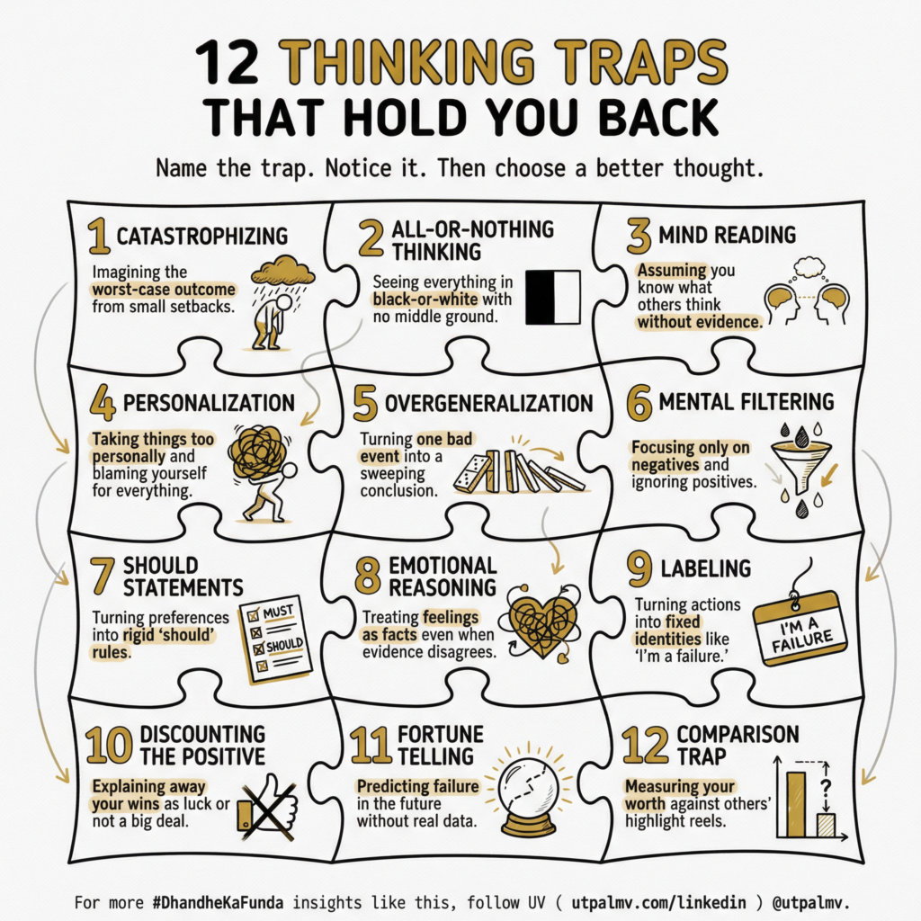 Twelve thinking traps shown as puzzle pieces, including catastrophizing, mind reading, emotional reasoning, and comparison.