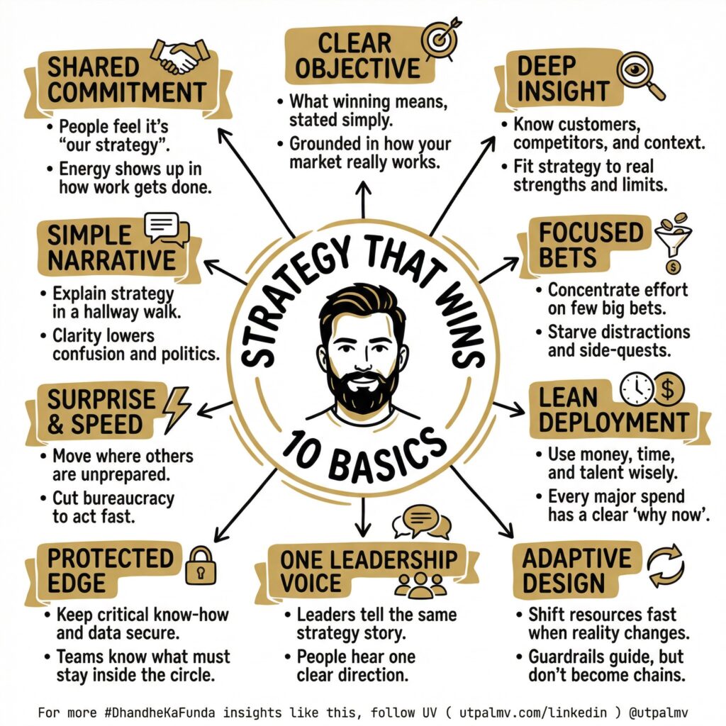 Ten elements of a winning strategy arranged around a leader, including clear objectives, focused bets, insight, speed, and commitment.