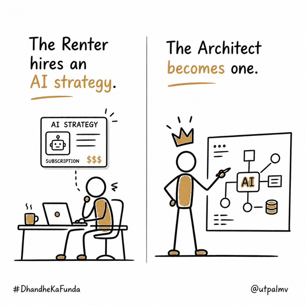 Split illustration contrasting a person who buys an AI strategy with one who designs and owns the AI system.