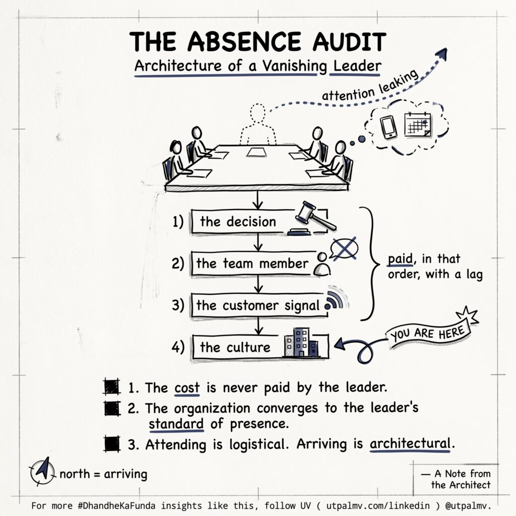 Absence Audit showing how a leader's missing attention affects decisions, team members, customer signals, and culture.