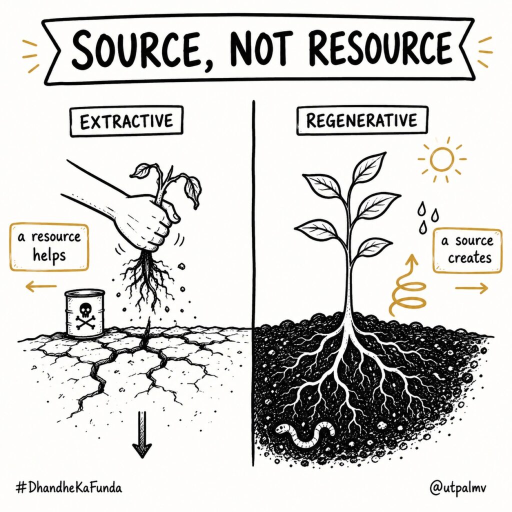 Split illustration contrasting extraction from a dying plant with regenerative care that helps a source grow.