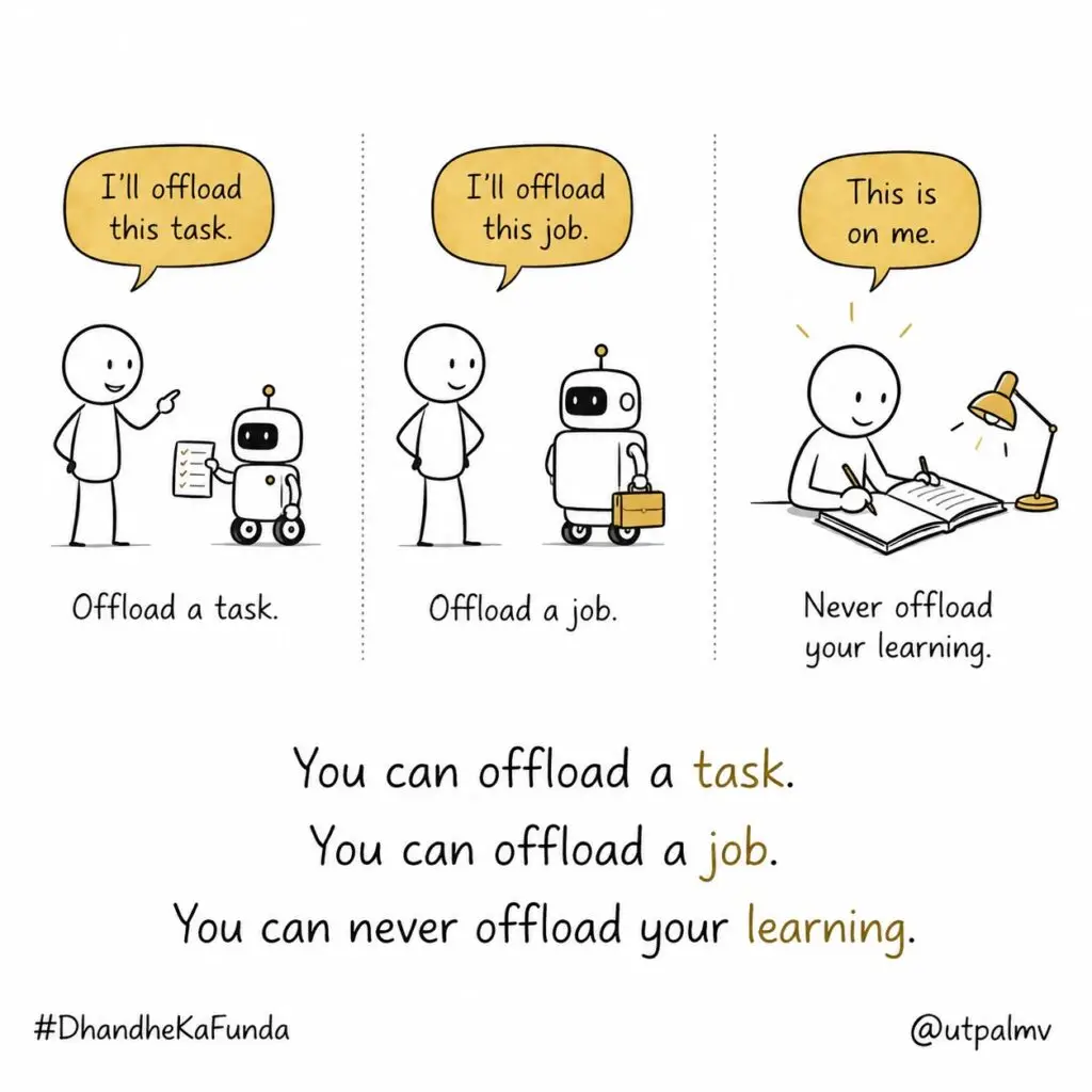 Three-panel illustration showing that tasks and jobs can be offloaded to AI, but learning remains personal responsibility.