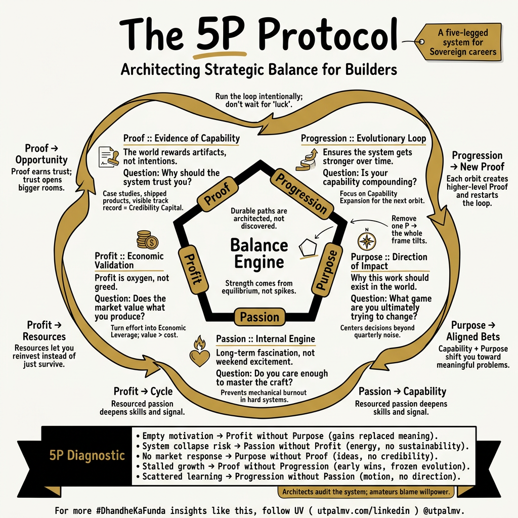 5P Protocol linking proof, profit, passion, purpose, and progression in a repeating career and venture system.
