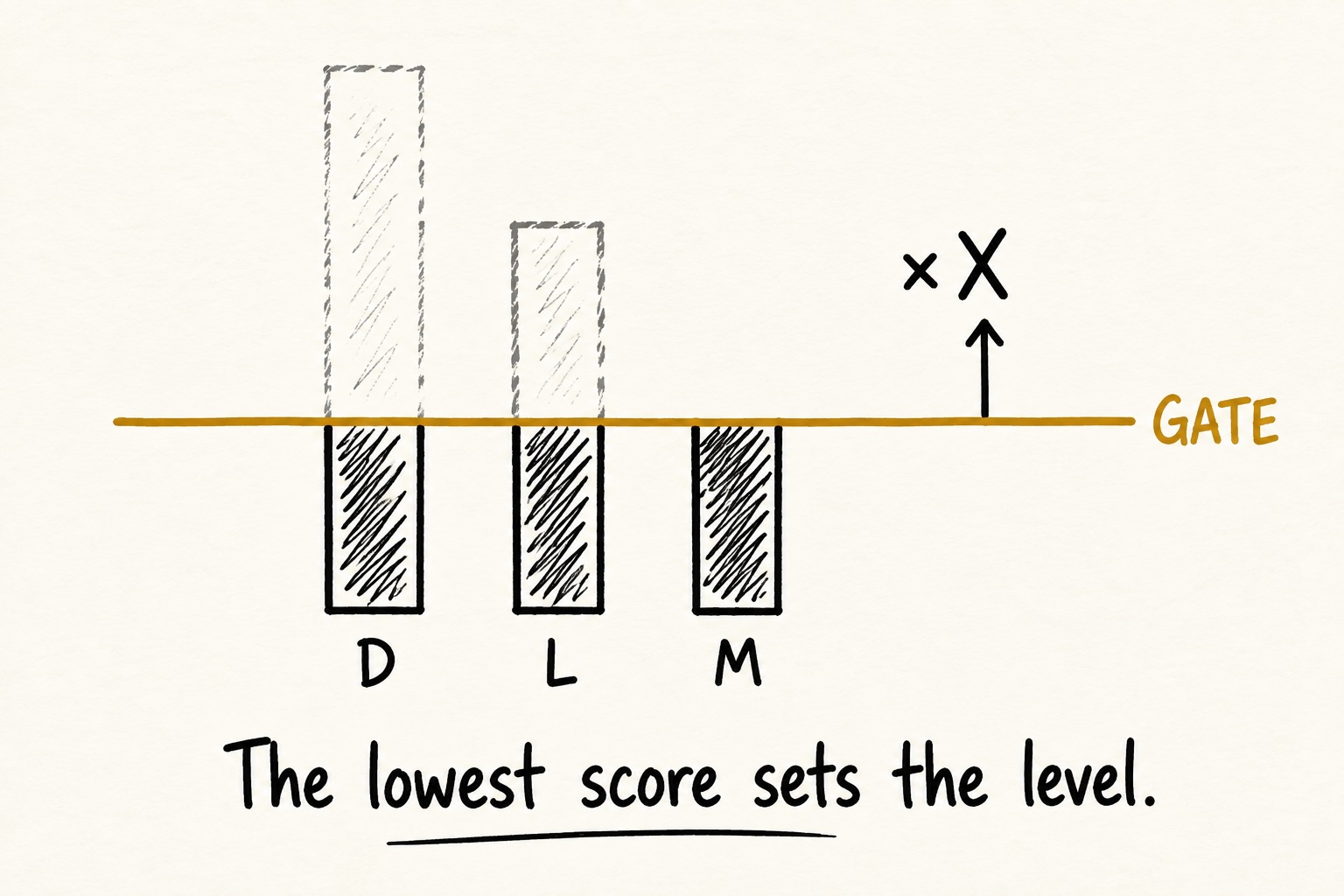 DLMx gate diagram showing that the lowest score among doing, leadership, and management sets the operating level before multipliers are applied.