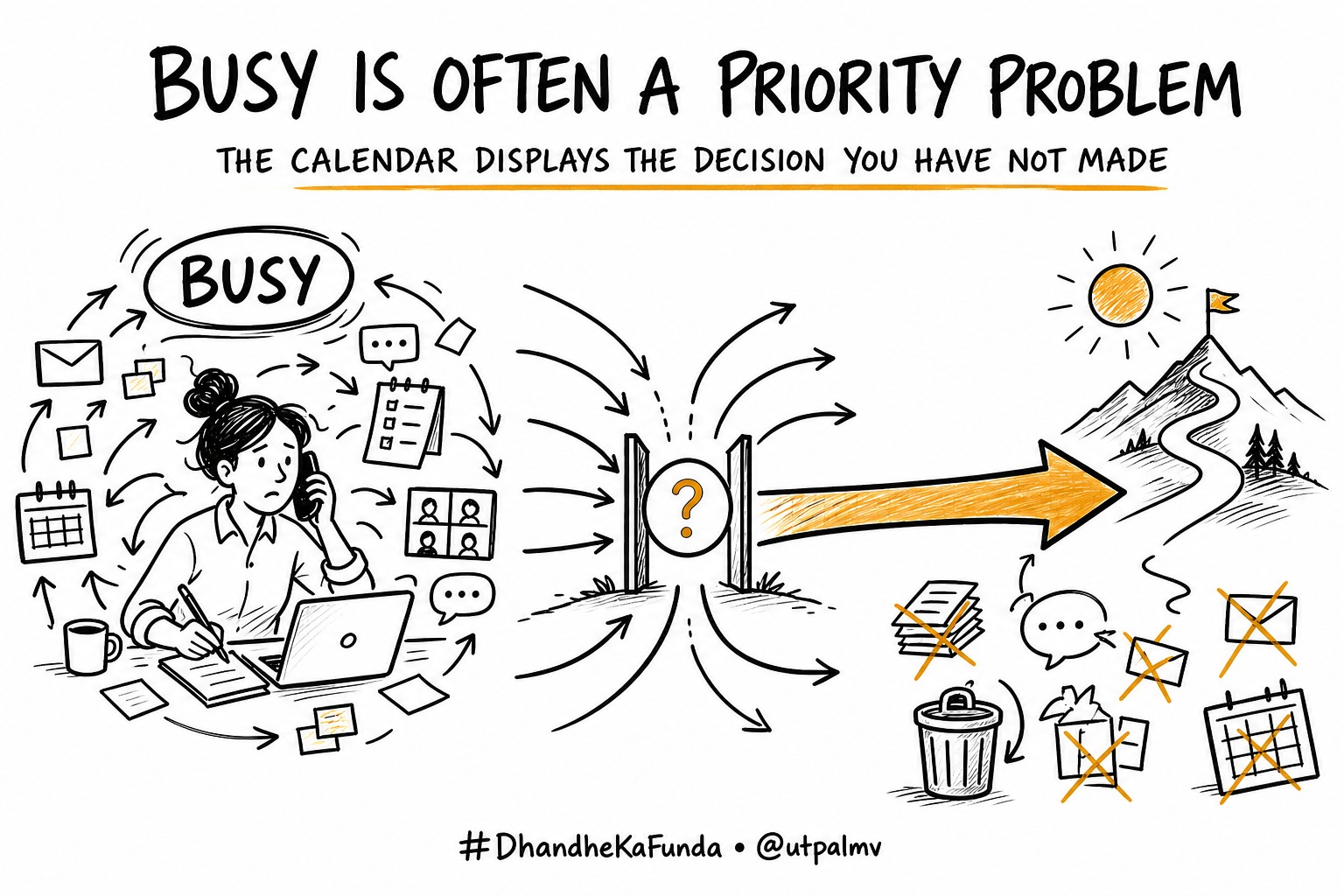 A busy professional surrounded by tasks faces a decision gate, with one clear path toward a mountain and discarded work below, beneath the words Busy is often a priority problem.