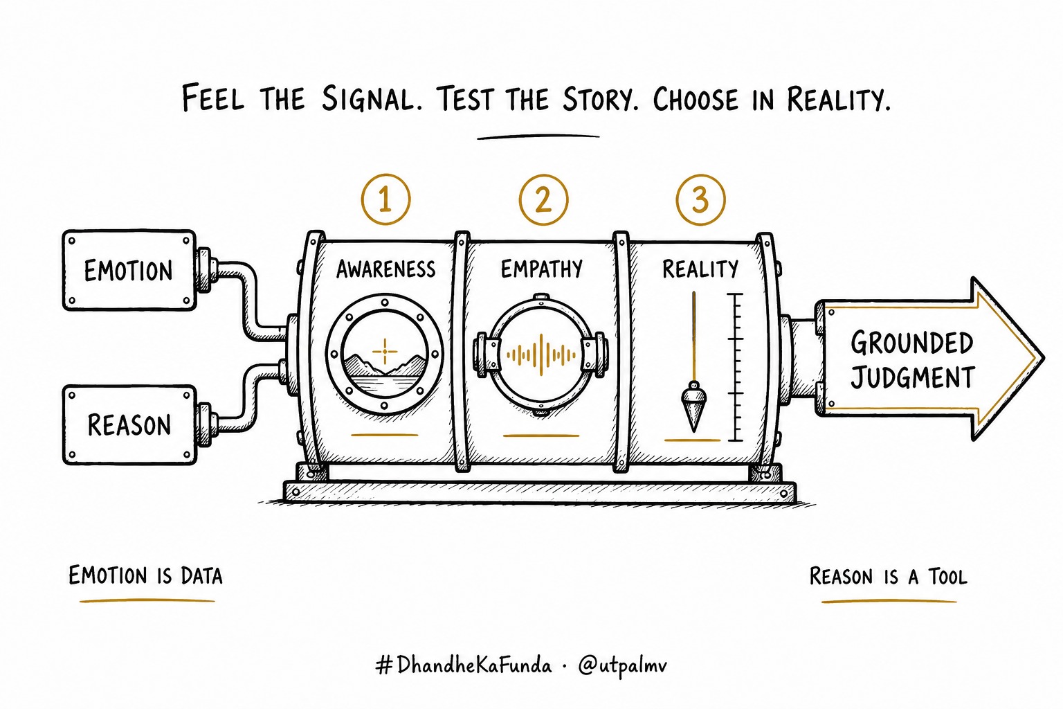 Hand-drawn mechanism receiving emotion and reason, then passing them through awareness, empathy, and reality to produce grounded judgment.