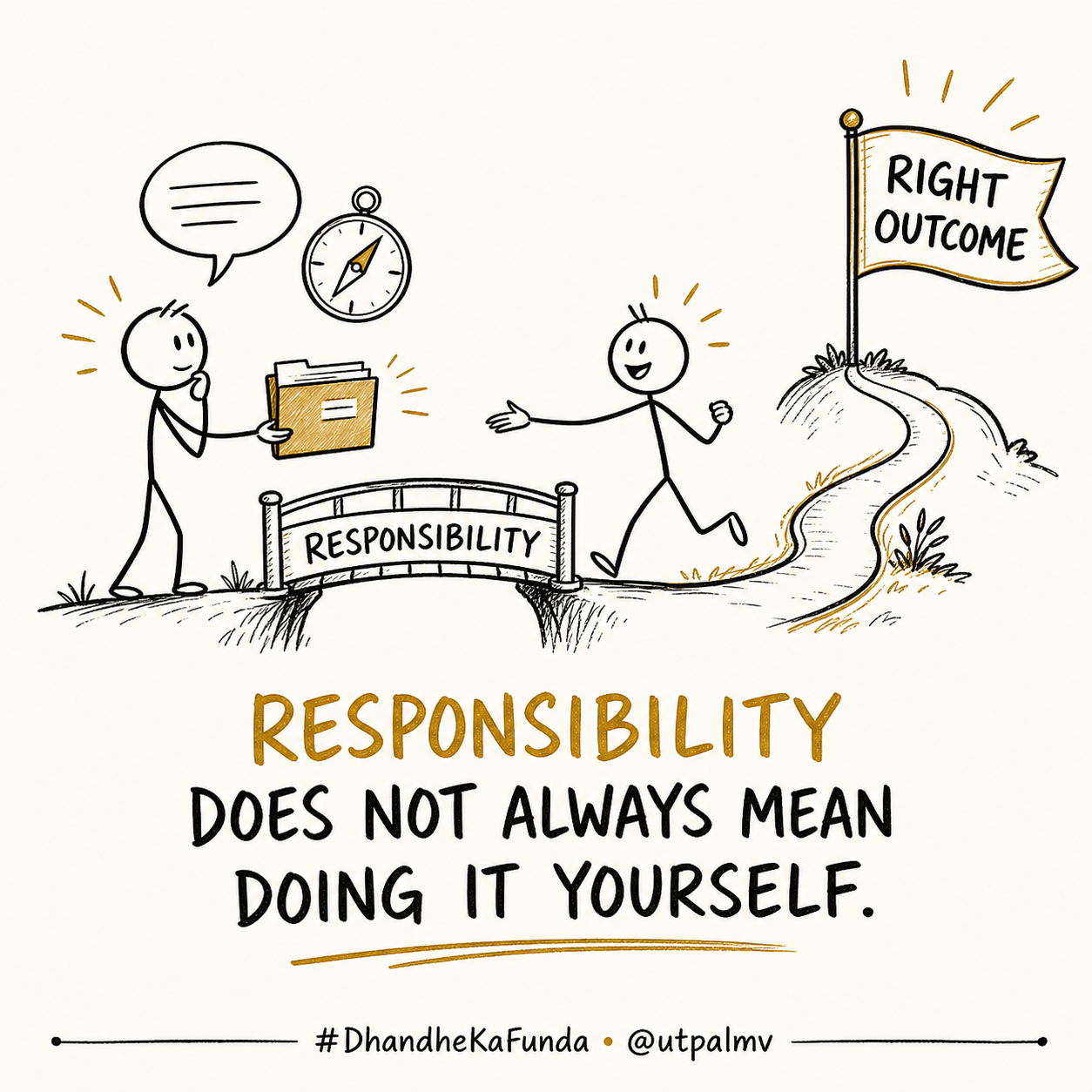 Hand-drawn sketchnote showing one project leader deliberately handing a project folder across a bridge of responsibility to another person who carries it toward the right outcome.
