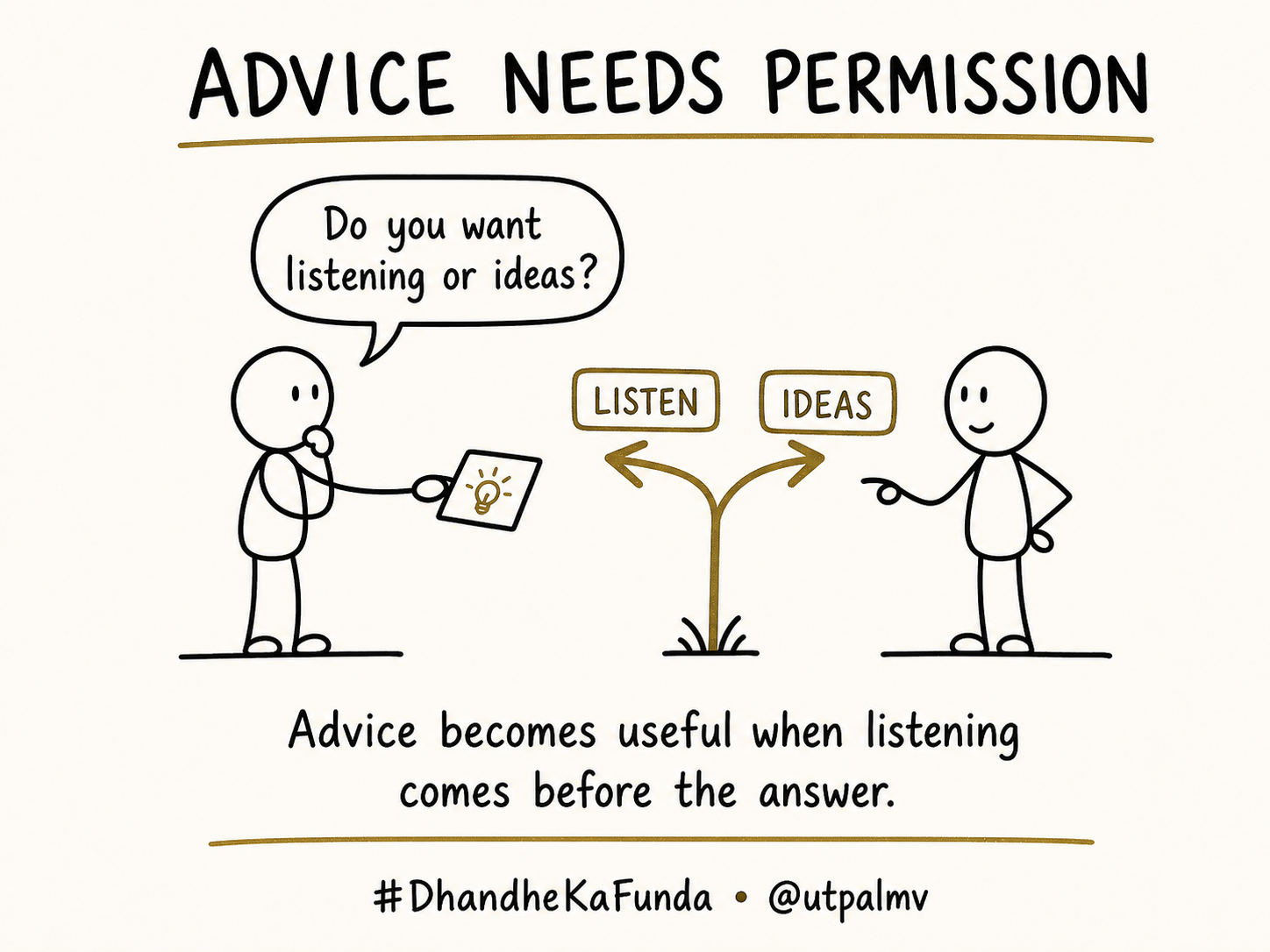 A line-drawn sketchnote asks whether a person wants listening or ideas before advice is offered.