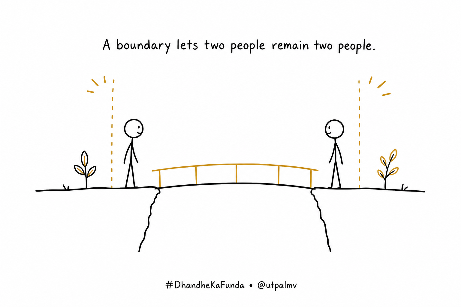 Two people remain distinct while connected by a simple bridge.