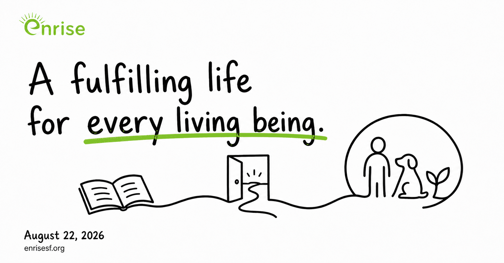 Editorial sketch showing an open book becoming a path through an open door toward human, animal, and plant life, beneath the words A fulfilling life for every living being.
