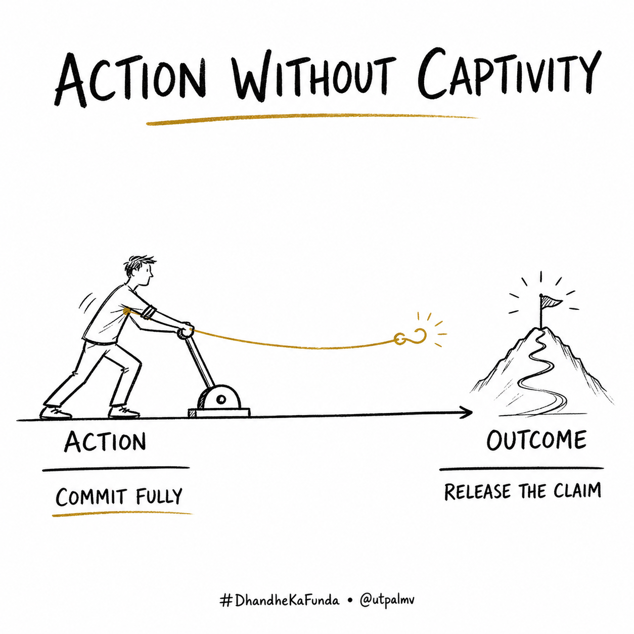 A person commits fully to an action lever while an oxidized-gold tether opens before the outcome, showing engaged work without identity captivity.