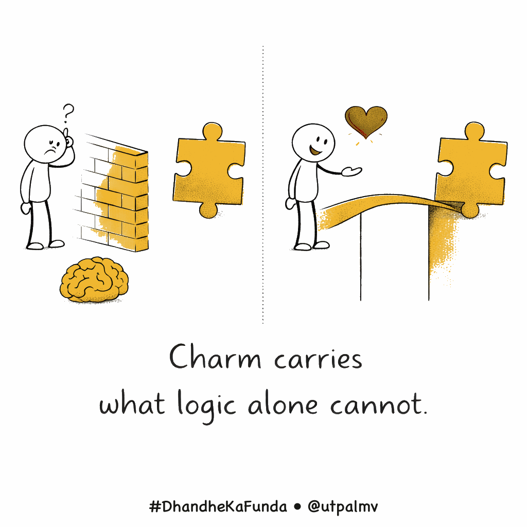 A line-drawn sketchquote shows charm carrying an idea across the wall that logic alone cannot cross.