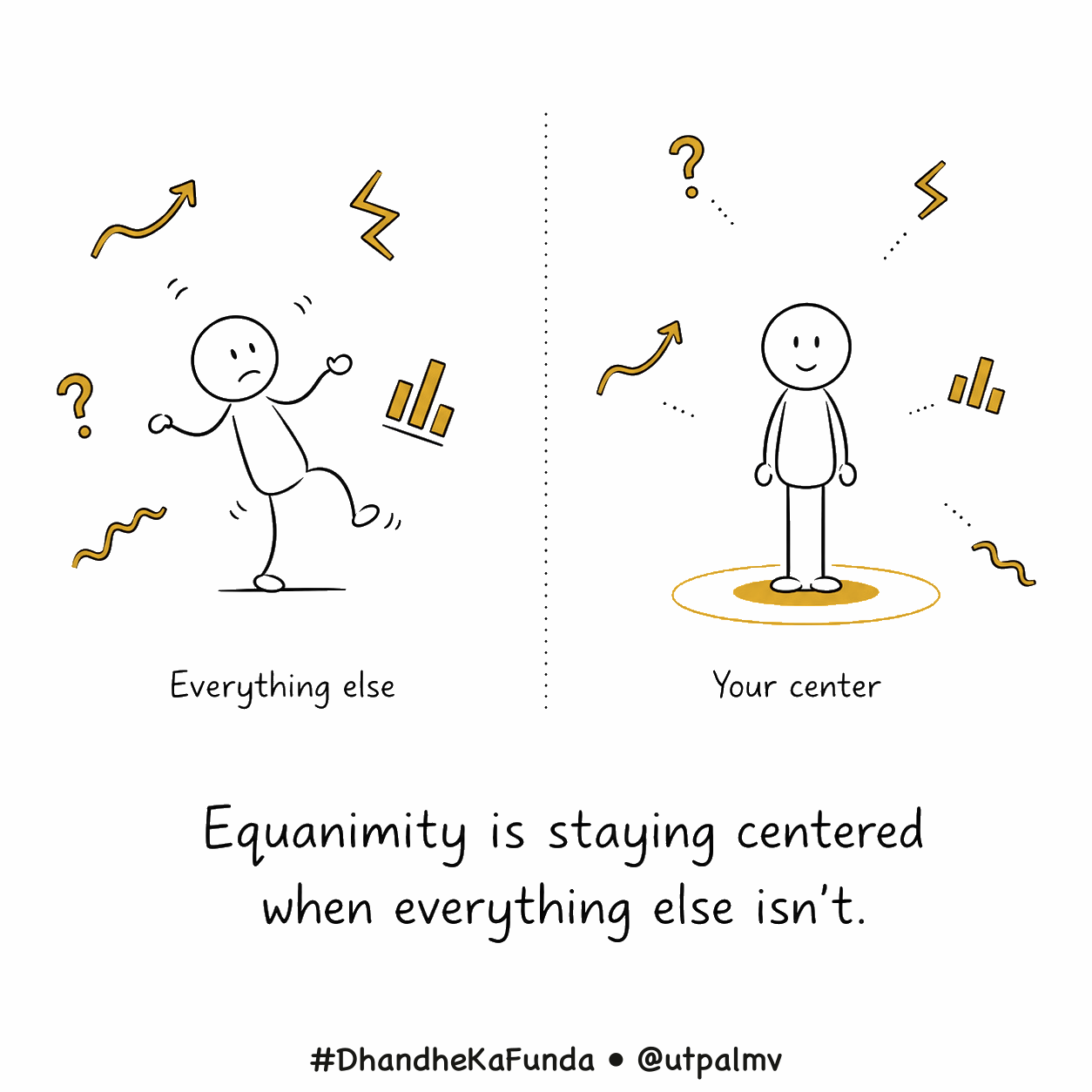 A line-drawn sketchquote contrasts surrounding instability with a person remaining centered.