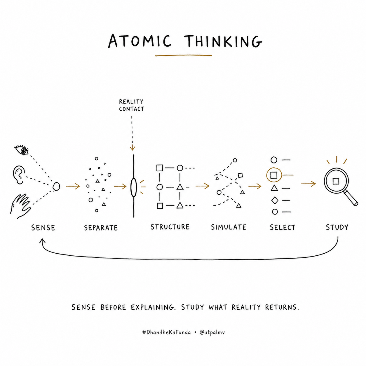 Sparse hand-drawn Atomic Thinking path moving through Sense, Separate, Structure, Simulate, Select, and Study, with a feedback line returning Study to Sense and a Reality Contact threshold between observation and structure.
