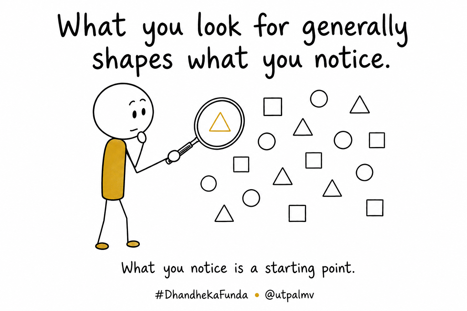A GoldStick figure examines one triangle through a magnifying glass while other shapes remain visible. What you look for generally shapes what you notice.