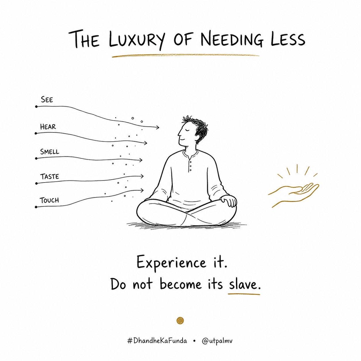 Hand-drawn sketchnote of a calm seated person receiving five lightly drawn sensory signals labeled See, Hear, Smell, Taste, and Touch, with an open gold hand representing choice without captivity.