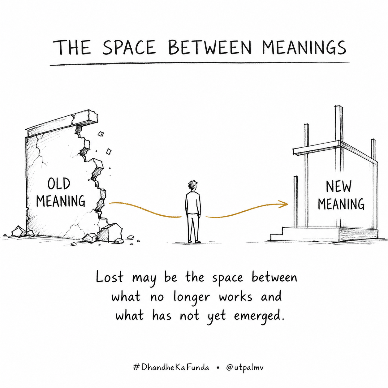 Hand-drawn sketchnote showing a person in an open space between a crumbling structure labeled Old Meaning and an emerging structure labeled New Meaning, connected by a restrained gold path.