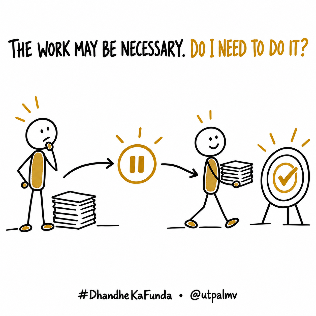 A leader pauses beside a stack of work while another leader carries it toward a completed outcome, showing that necessary work still needs the right owner.